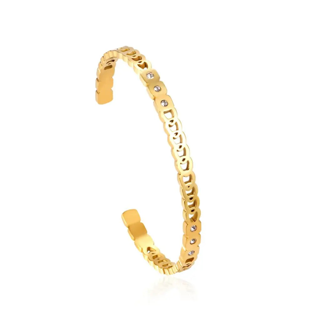 Round Hollow Out Bangles On Hand Stainless Steel Cuff Bracelets Jewelry Women Cubic Zirconia Open Bangle Fairy Lady asonjewelry